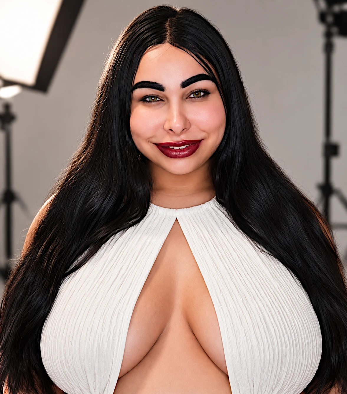 Day Quinn smiling in a white top in a photography studio