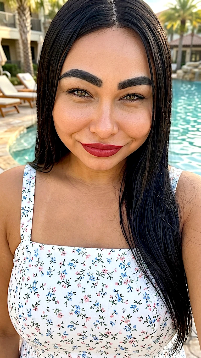 Day Quinn taking a selfie beside a resort pool
